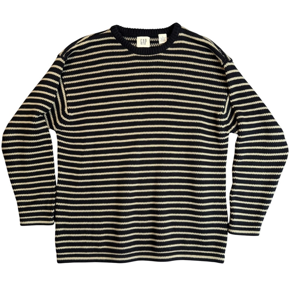 Vintage 90s GAP Striped Heavy Rib Knit Cotton Crew Sweater Mens M Black Tan Gorp